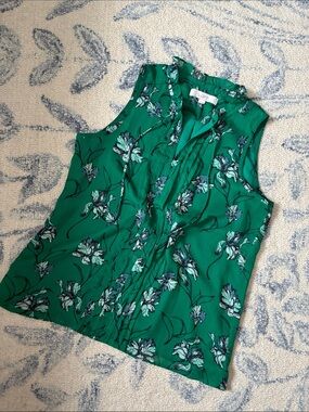 LOFT Emerald Green Floral Ruffle Neck Sleeveless Top